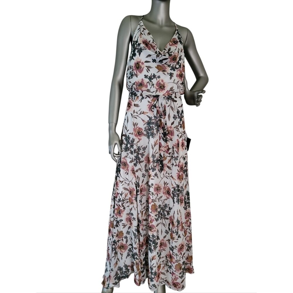 Lulus Chic At The Soiree White Floral Cowl Neck Maxi Dress Large